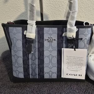 NWT COACH C8416 Mollie Tote Bag 25 Midnight Multicolor Blue Jacquard Stripe
